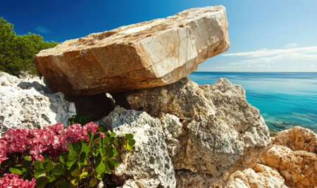 Large rock formation near the ocean on a sunny dayの素材