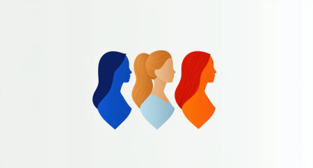 Three women's profile illustrations in blue, orange, and light blueの素材