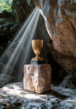 Golden trophy on stone pedestal in cave with sunbeamsの素材