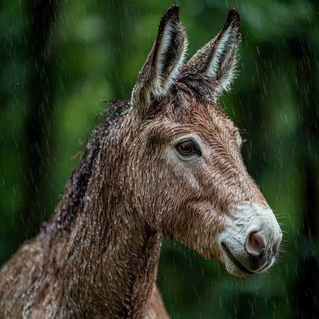 Wet donkey portrait in the rainの素材