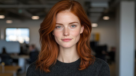 Portrait of a young woman with red hair and frecklesの素材