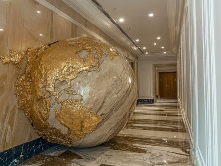Luxury hotel hallway with large golden globe sculptureの素材