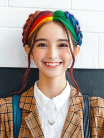 Young woman with rainbow braided hair smilingの素材