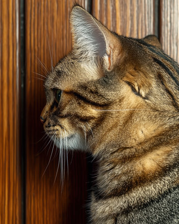 Close-up profile of a tabby cat against a wooden backgroundの素材