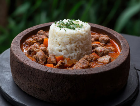 Delicious hearty stew served with a side of fluffy riceの素材