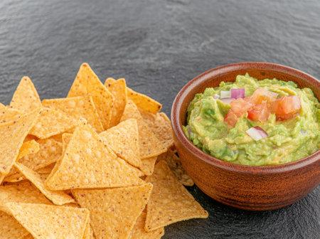 Tortilla chips and guacamole in a wooden bowlの素材