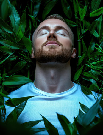 Man meditating in nature, surrounded by lush green bamboo plantsの素材