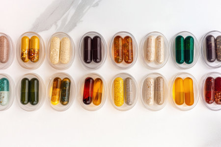 Variety of colorful supplement capsules in clear plastic containersの素材