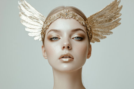 Golden winged headdress, goddess makeup, ethereal beauty.の素材