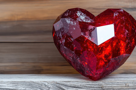 Red heart-shaped crystal on wooden surfaceの素材