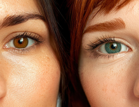 Close-up of two women's eyes, one brown and one greenの素材