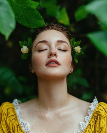 Closeup portrait of a young woman with freckles and flowers in her hair, eyes closedの素材