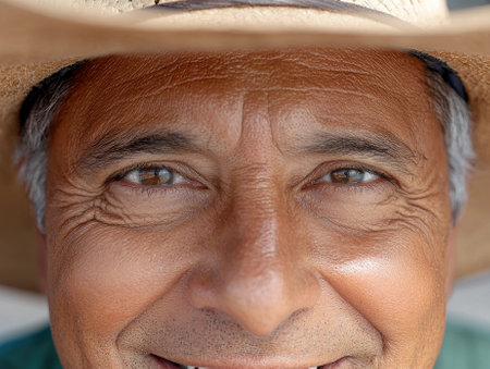 Close-up portrait of a smiling senior man wearing a cowboy hatの素材