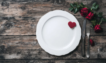 Romantic Valentine's Day dinner setting with red roses and heart decorationの素材