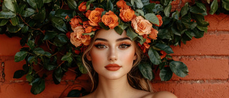 Woman with orange roses in her hairの素材