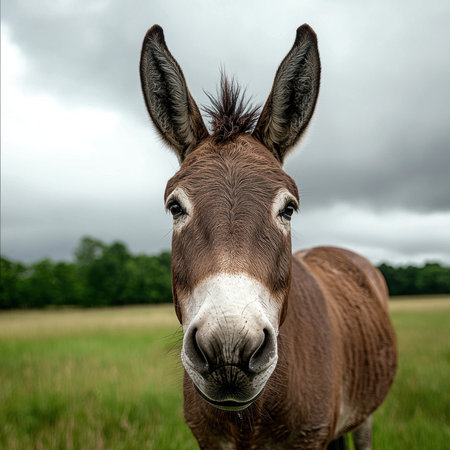 Close-up of a curious donkey in a fieldの素材
