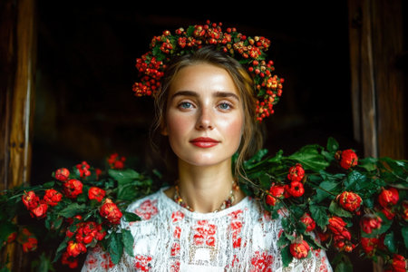Beautiful woman in wreath and traditional clothingの素材