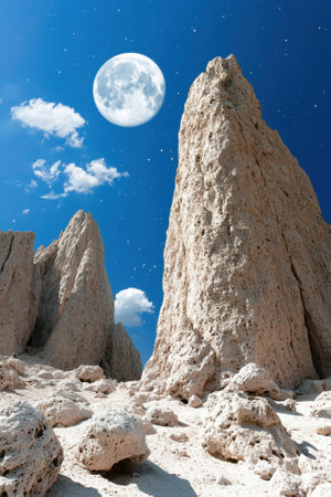 Full moon over rocky desert landscape at nightの素材