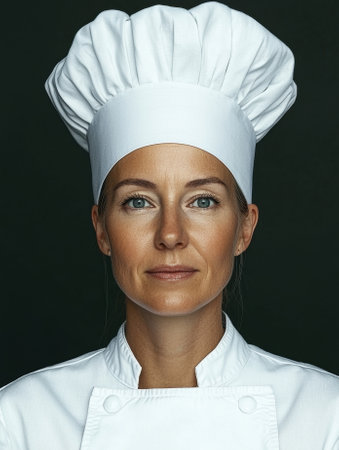 Portrait of female chef in white uniform and hatの素材