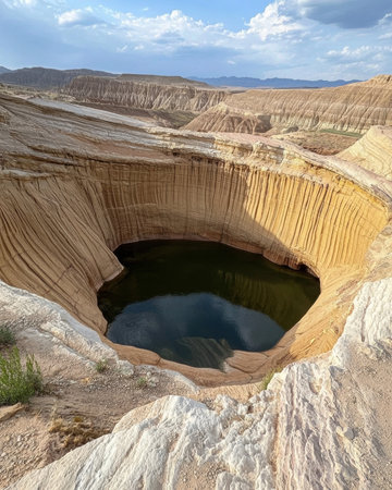 Aerial view of a stunning natural sinkhole filled with crystal-clear waterの素材