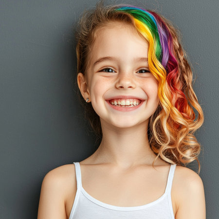 Happy little girl with rainbow hair smiling at the cameraの素材