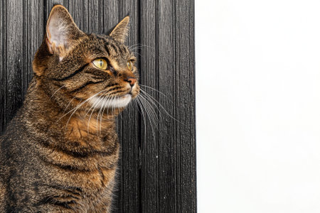 Close-up of a tabby cat looking to the right, sitting against a black wooden backgroundの素材