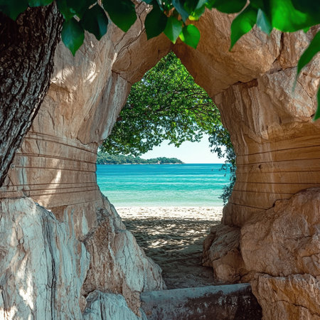 Secluded beach paradise seen through a rock archwayの素材