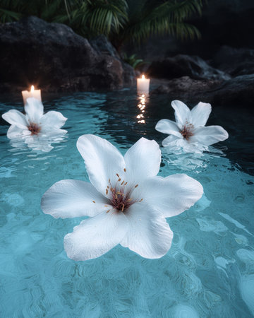 Serene Spa Scene: Floating Flowers and Candles in Tranquil Waterの素材