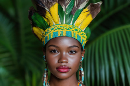 Portrait of a young woman wearing a vibrant headdressの素材