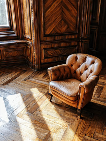 Leather armchair in a sunlit room with wooden floors and wallsの素材