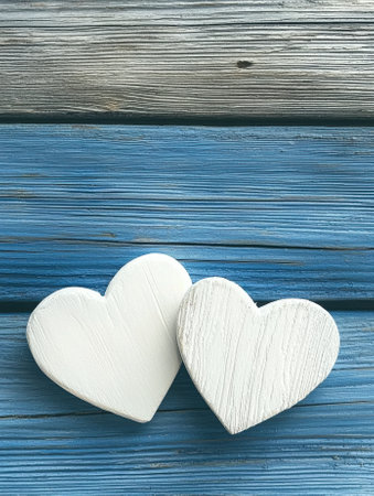 Two white wooden hearts on a blue wooden backgroundの素材