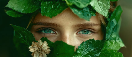 Woman's face partially hidden behind lush green leaves and flowersの素材