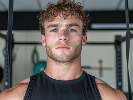 Portrait of a muscular man with curly hair in a gymの素材