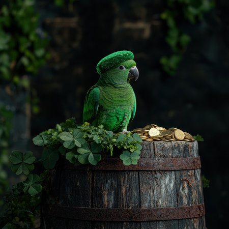 Green parrot wearing a festive hat sits on a barrel of gold coins.の素材