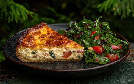 A slice of quiche with a side saladの素材