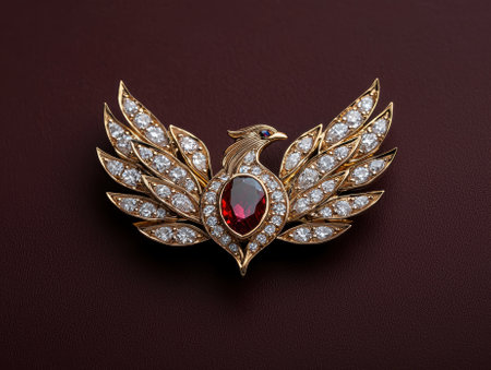 Gold phoenix brooch with ruby and diamondsの素材