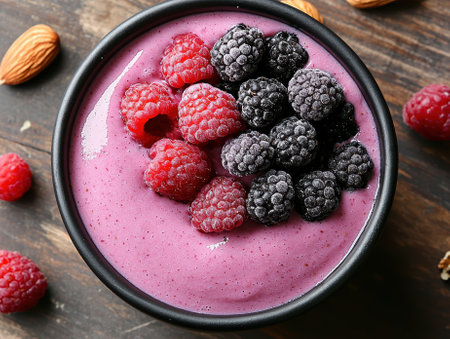 Delicious berry smoothie bowl with fresh raspberries and blackberriesの素材