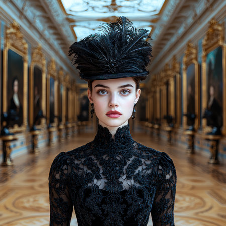 Elegant woman in a black lace dress and feathered hatの素材