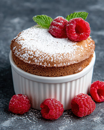 Delicious chocolate souffle with fresh raspberries and powdered sugarの素材