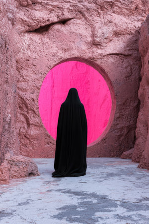 Mysterious figure in black robe standing before a pink circular opening in a rocky wallの素材