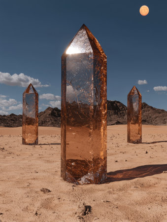 Three large quartz crystals stand in a desert landscape under a full moonの素材