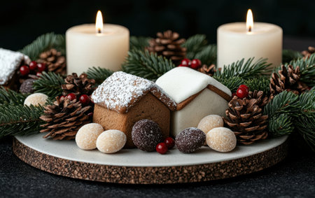 Gingerbread houses and candles on a festive table settingの素材