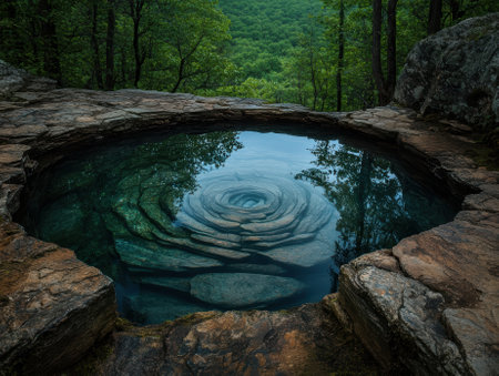Stunning aerial view of a natural rock pool with a mesmerizing spiral patternの素材