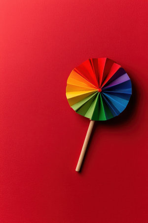 Rainbow paper fan on red backgroundの素材