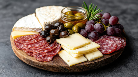 Charcuterie board with cheese, salami, grapes, and olivesの素材