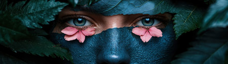 Woman's face partially covered with dark blue paint and leavesの素材