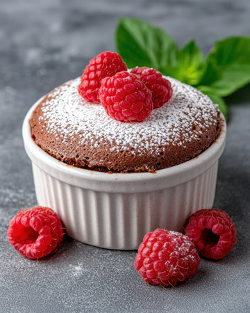Delicious chocolate lava cake with fresh raspberriesの素材
