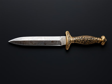 Ornate dagger with damascus steel blade on black backgroundの素材