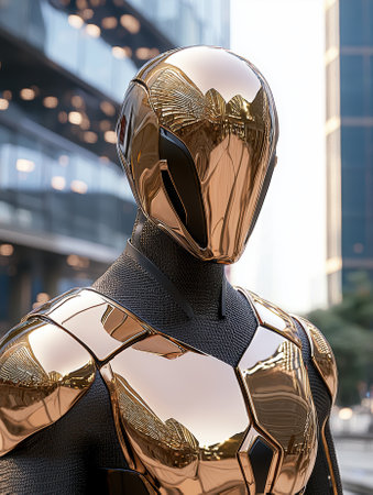 Futuristic golden robot standing in a cityの素材