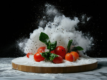 Flour explosion with tomatoes and basil on wooden boardの素材